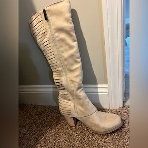 Just below knee high, 2 inch heels. Never worn. Do not know brand